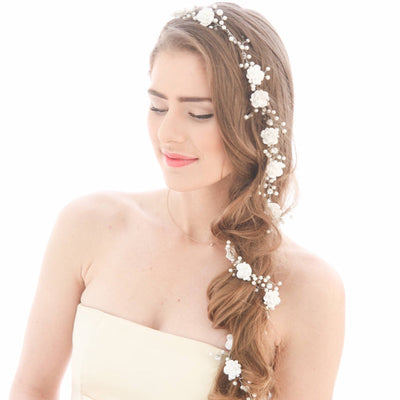 Cadena de Flores para el Cabello de Novia - Perlas Blancas Hecha a Mano