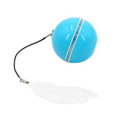 White spherical pet toy with a translucent stripe, featuring a black cord attached to a white feather. - Image 6