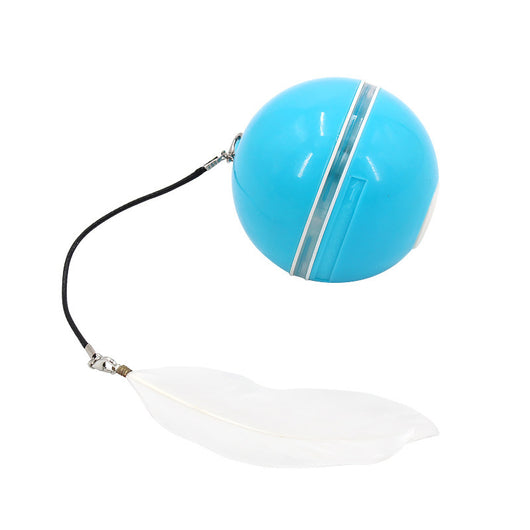 White spherical pet toy with a translucent stripe, featuring a black cord attached to a white feather. - Image 6