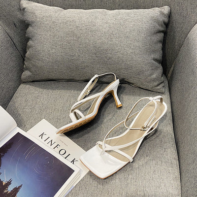 Sandalias de Tacón Cuadrado Estilo Hada - Stileto Blanco Tendencia Net Red - Image 3