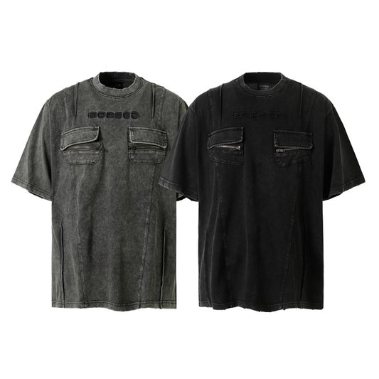 Playera Retro de Trabajo con Bolsillos Decorativos y Efecto Desgastado