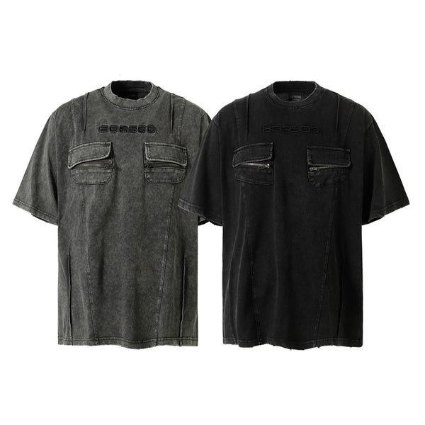 Playera Retro de Trabajo con Bolsillos Decorativos y Efecto Desgastado
