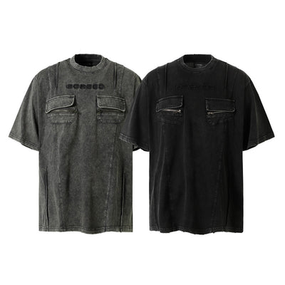 Playera Retro de Trabajo con Bolsillos Decorativos y Efecto Desgastado