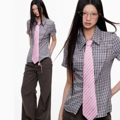 Camisa Cuadriculada Manga Corta Efecto Reductor para Mujer - Image 4