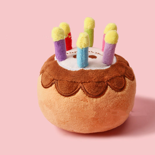 Plush pet birthday cake toy with colorful candles, featuring brown cake layers and white frosting. - Image 9