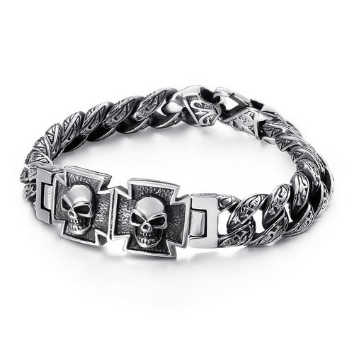 Pulsera de Acero Titanio con Calavera y Cruz - Diseño Dominio Vintage para Hombre - Image 4