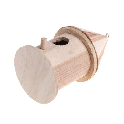 Wooden outdoor bird nest with a conical striped roof and a small entrance hole, next to a bird on a branch. - Image 5