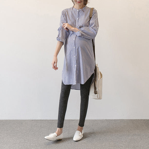 Vestido Gestante Coreano Listrado Gola Alta Manga Comprida Primavera Outono