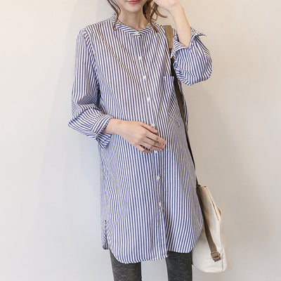 Vestido Premamá Coreano Rayas Cuello Alto Manga Larga Primavera Otoño - Image 3