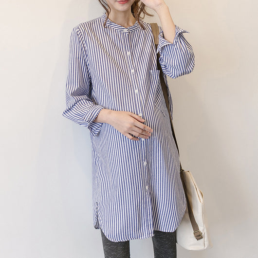 Vestido Premamá Coreano Rayas Cuello Alto Manga Larga Primavera Otoño - Image 3