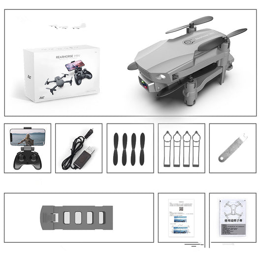 Gray folding drone with 4K camera, remote control, spare propellers, propeller guards, charging cable, and battery. - Image 13