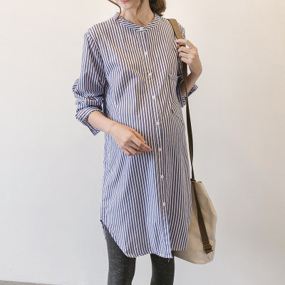 Vestido Premamá Coreano Rayas Cuello Alto Manga Larga Primavera Otoño