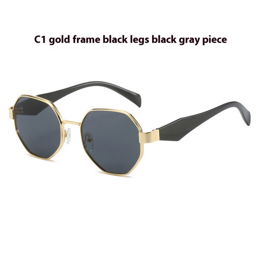Polygonal sunglasses with a gold metal frame, beige temples, and dark black-gray lenses on a white background. - Image 7