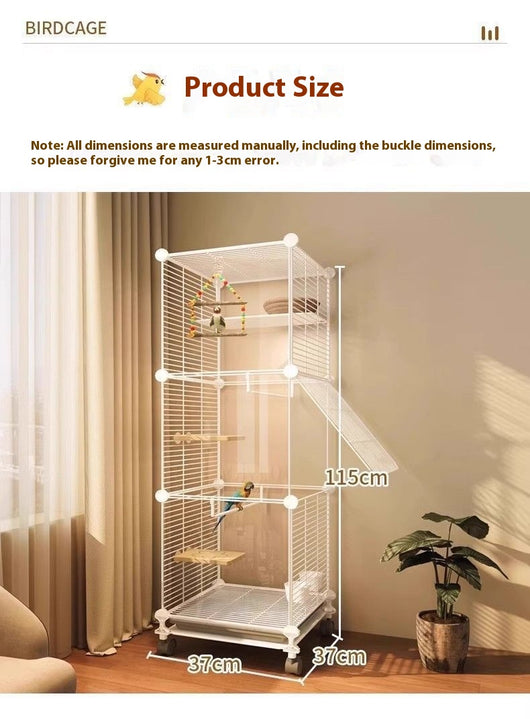 White single-layer bird cage with transparent sides, wire door, perches, bells, and a tunnel, on wheels. - Image 7