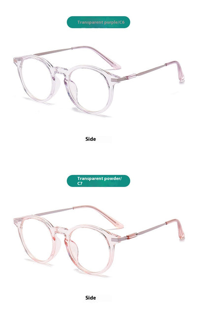 Dark purple round-frame anti-blue light reading glasses with silver-colored temples on a white background. - Image 22