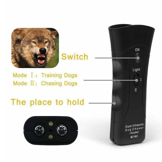 Yellow and black ultrasonic dog training devices with wrist straps, one in retail packaging. - Image 7