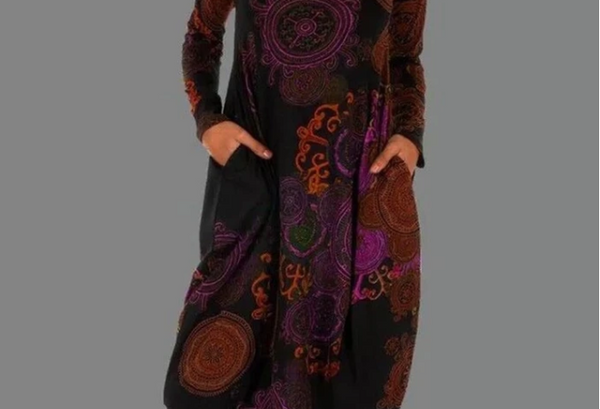 Vestido Holgado Estampado Cuello Redondo Manga Larga