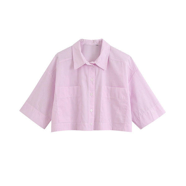 Camisa Rayada de Manga Corta con Solapa y Doble Bolsillo