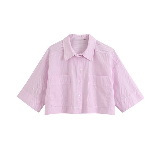 Camisa Rayada de Manga Corta con Solapa y Doble Bolsillo - Image 2