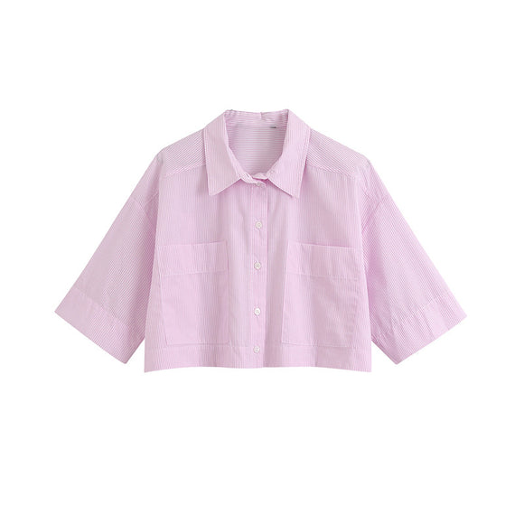 Camisa Rayada de Manga Corta con Solapa y Doble Bolsillo