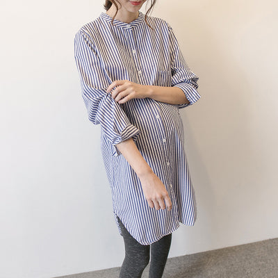 Vestido Premamá Coreano Rayas Cuello Alto Manga Larga Primavera Otoño - Image 4