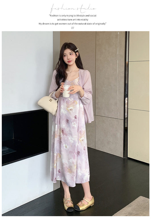 Conjunto Dos Piezas: Vestido Slip Estampado Morado con Cardigan Suave - Image 19