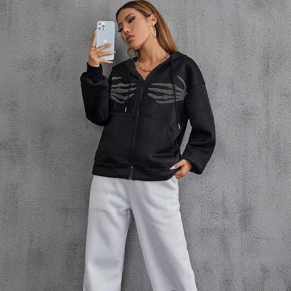 Sudadera con Capucha y Calavera Brillante - Cardigan Deportivo para Mujer