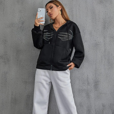 Sudadera con Capucha y Calavera Brillante - Cardigan Deportivo para Mujer - Image 2