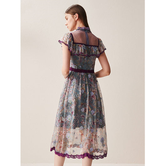Vestido de Encaje con Malla Estampada - Image 4
