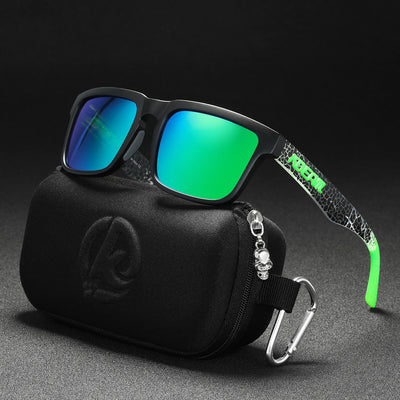 Men's and women's dazzling blue and black striped polarized sunglasses with gray lenses and a black case. - Image 18