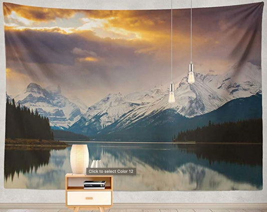 Printed polyester tapestry featuring a dramatic sunset over snow-capped mountains reflected in a calm lake.