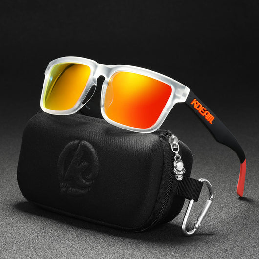 Men's and women's dazzling blue and black striped polarized sunglasses with gray lenses and a black case. - Image 8