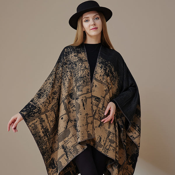 Poncho Chal Geométrico de Cachemira Gruesa con Borlas Versátil