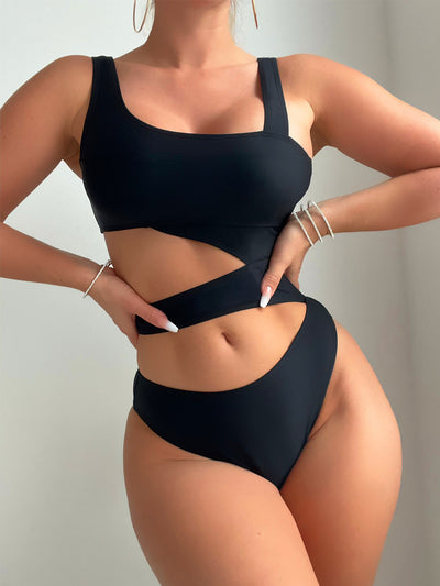 Black one-piece swimsuit with a square neckline, wide straps, and high-cut bottom, featuring a hollow-out midriff design. - Image 9