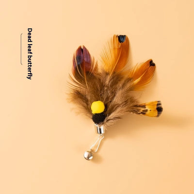 Three distinct feather cat toy replacement heads: a light 'Beetle', a brown and yellow 'Yellowtail flycatcher' with pom-poms, and a multi-colored 'Dead leaf but - Image 9