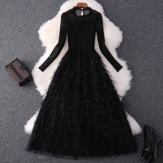 Vestido Largo Ajustado de Malla Elástica con Cintura Alta y Manga Larga