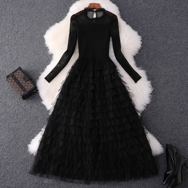 Vestido Largo Ajustado de Malla Elástica con Cintura Alta y Manga Larga