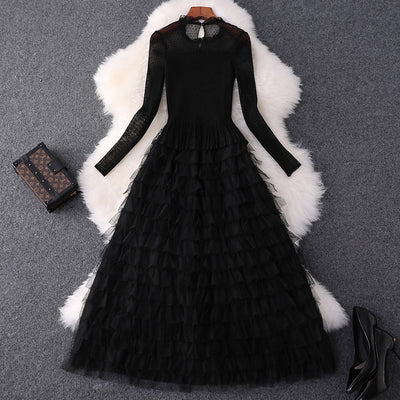 Vestido Largo Ajustado de Malla Elástica con Cintura Alta y Manga Larga