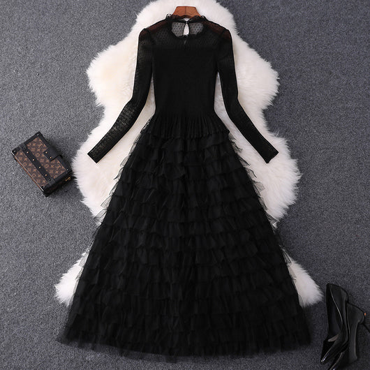 Vestido Largo Ajustado de Malla Elástica con Cintura Alta y Manga Larga