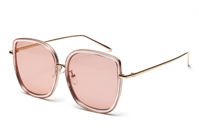 Big square sunglasses for women with transparent pink frames and pink gradient lenses, featuring gold-tone metal temples. - Image 6
