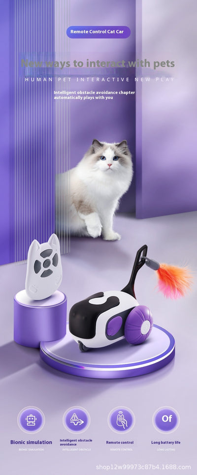 White and black remote control cat toy car with purple wheels and an orange feather, next to a white cat-shaped remote. - Image 8