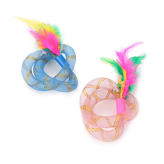 Two blue mesh cat toys with intertwined rings and colorful pink, green, and yellow feathers. - Image 3