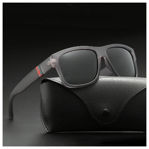 Men's grey plastic frame driving sunglasses with dark polarized lenses and red and black stripe detail on temples. - Image 10