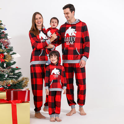 Baby wearing a red and black plaid hooded romper with a white polar bear "BABY BEAR" graphic. - Image 9
