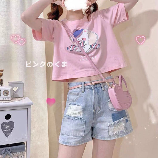 Blusa Crop Top Japonesa Suelta y Fresca - Camiseta Corta Versátil de Cintura Alta - Image 2