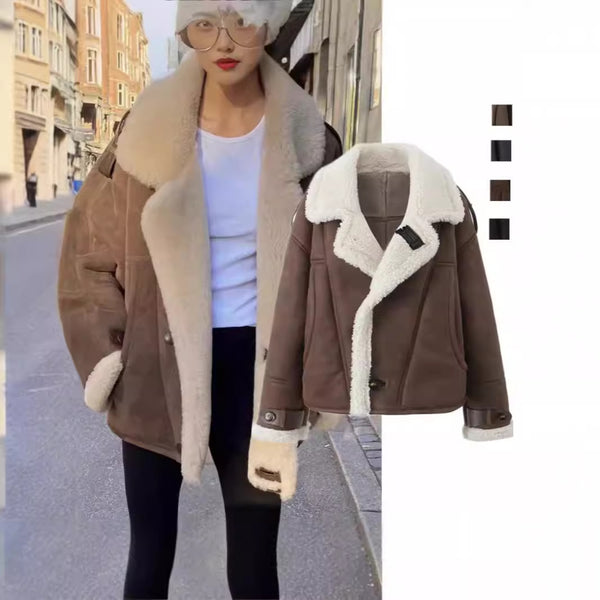 Chaqueta Motociclista Estilo Retro Americano en Gamuza con Forro de Lana de Cordero