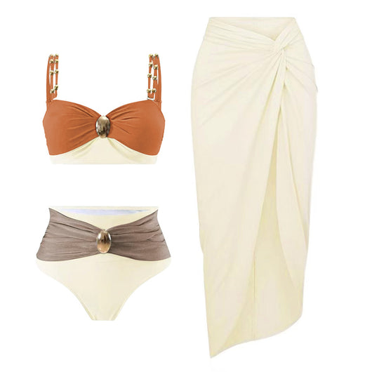 Color block high-waisted bikini with rust-orange and cream top, taupe and cream bottom, and gold-toned accents. - Image 7