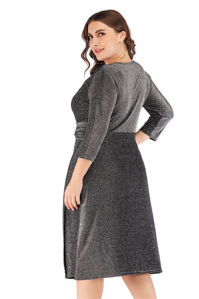 Vestido de Fiesta Midi en Seda Brillante con Escote V y Cintura Alta - Tallas Grandes - Image 11