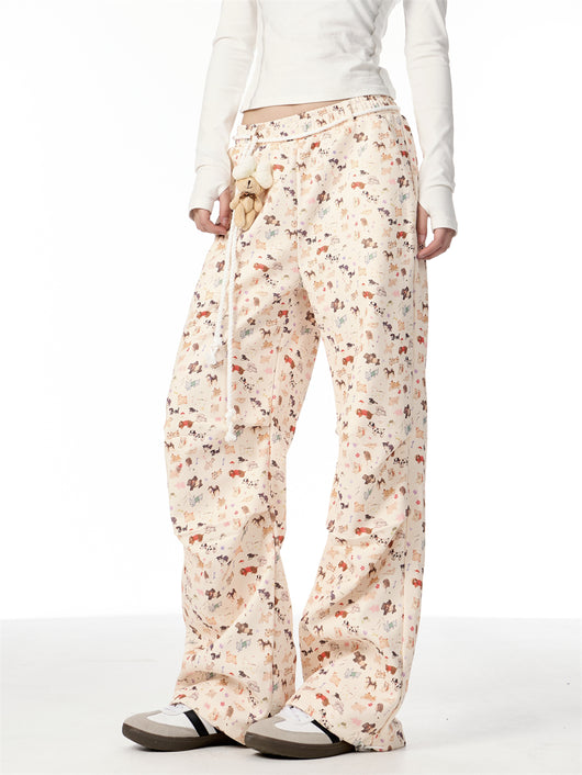 Pantalones Anchos Casuales con Estampado de Cachorro Dibujado a Mano - Image 9