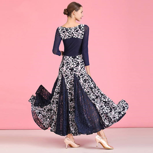 Falda de Práctica para Danza Moderna y Vals en Lino Azul Marino con Estampado Cristal - Image 10